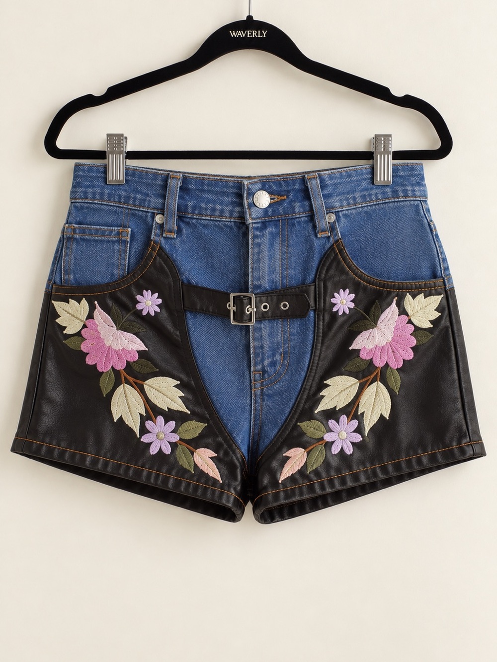 Nasty Gal Y2K Western Embroidered Denim Faux Leather Chaps Shorts Size 2